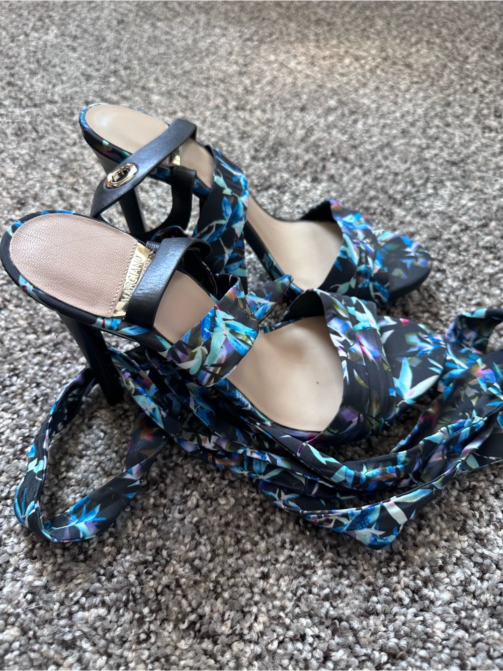 Marciano Black Floral Wrap Stiletto Sandals